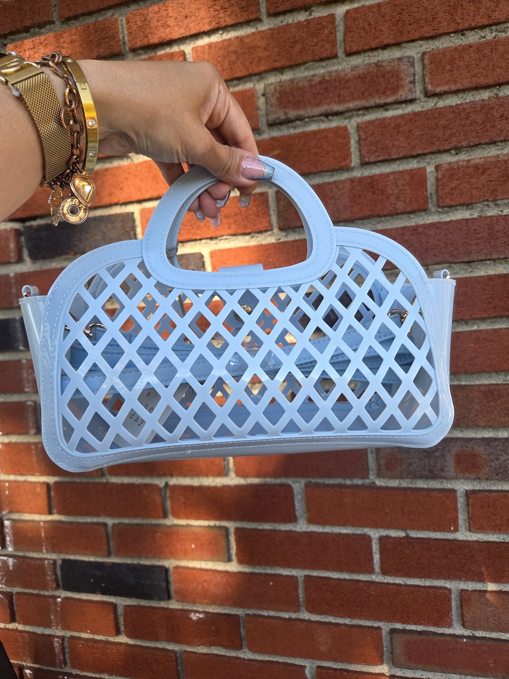 Light Blue Lattice jelly Top Handle Bag With Strap